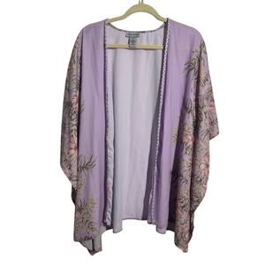 Catherines Kimono Open Front Cardigan Women Purple Floral Plus Size 0X-1X Tropic